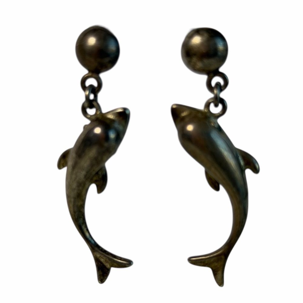 Vintage 925 Sterling Silver Dolphin Dangle Earrings Nautical Ocean beach